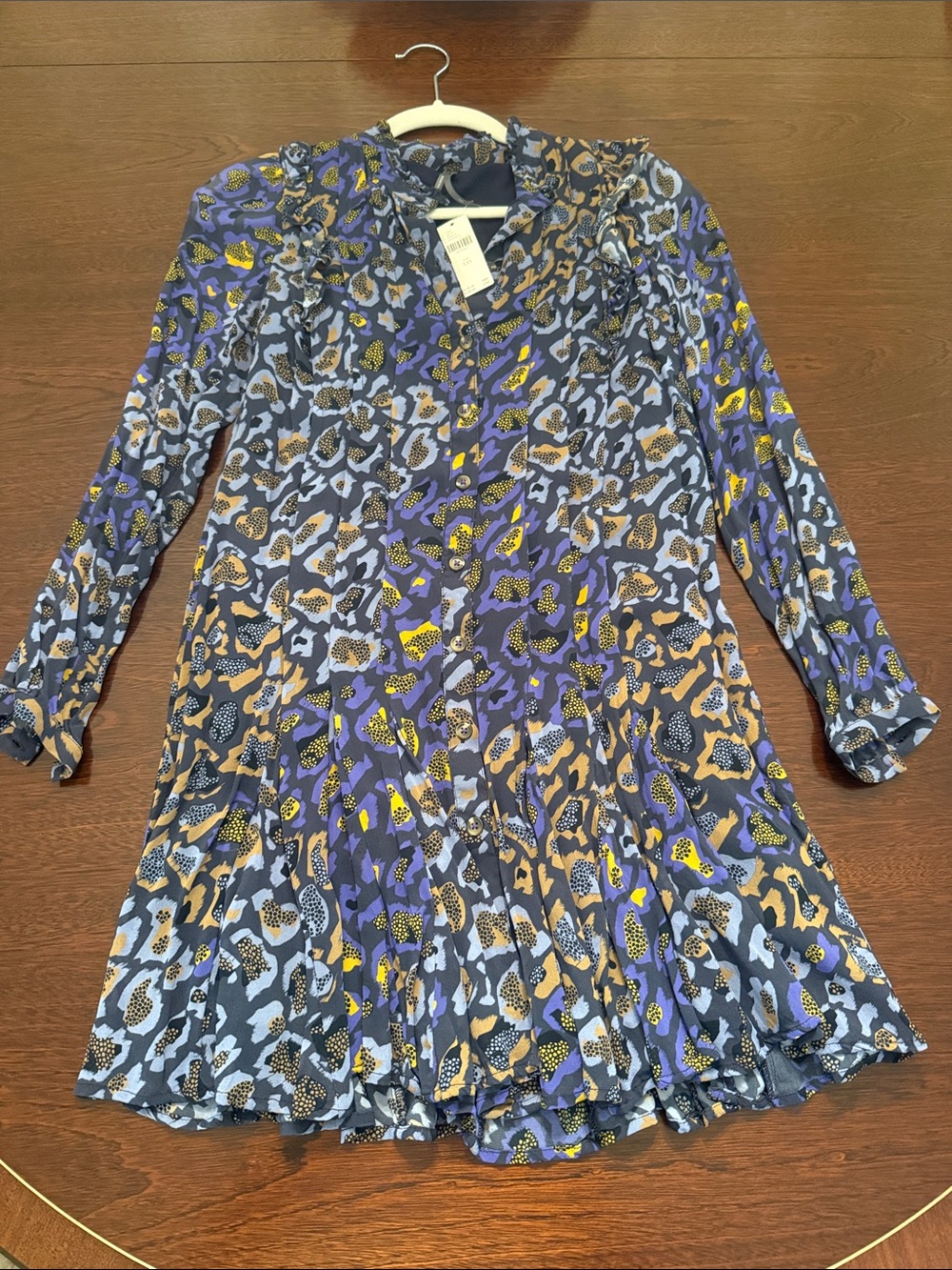 NWT Anthropologie Leopard Print Ruffle Pleated Long-Sleeve Dress Navy/Purple Mix